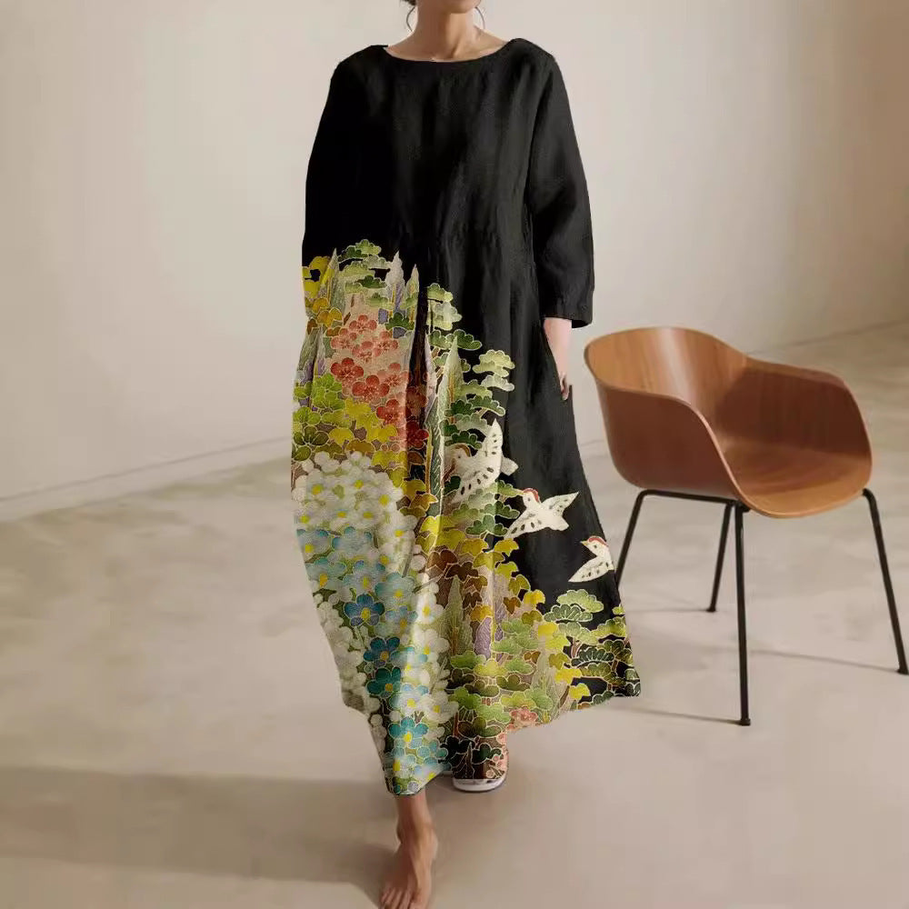 Women’s Relaxed-Fit Crew Neck Printed Midi Dress | High-End Minimalist A-Line Dress | Trendy High-Sense Casual Summer Gown | Elegant Round Neck Printed Midi | 2026 High-Fashion Statuesque Flowing Dress