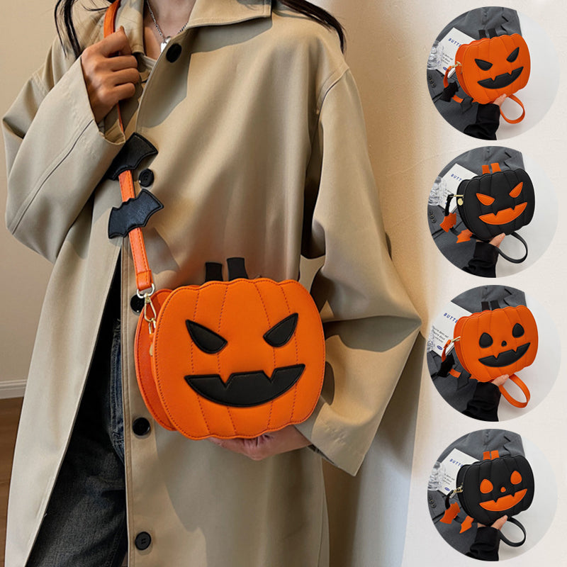 Halloween Funny Pumpkin Crossbody Bag | Creative Cartoon Pumpkin Purse with Bat Wings | Personalized Fall Festival Shoulder Bag | Whimsical Holiday Party Bag for Women & Teens