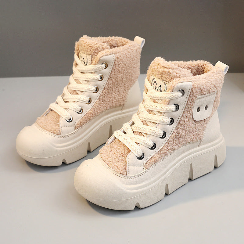 Women’s High-Top Cashmere Snow Boots | Winter Warm Lace-Up Flat Shoes | Height-Increasing Streetwear Winter Boots | Fashionable Campus Style Warm Sneakers