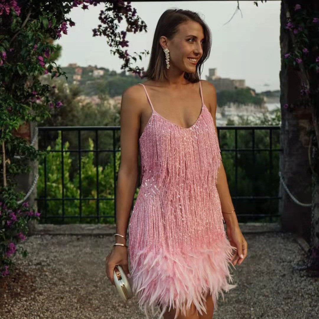 Tassel Sequins Feather Summer Mini Dress Women V Neck Spaghetti Strap Stitching Dresses Female Elegant Evening Party Club Dress
