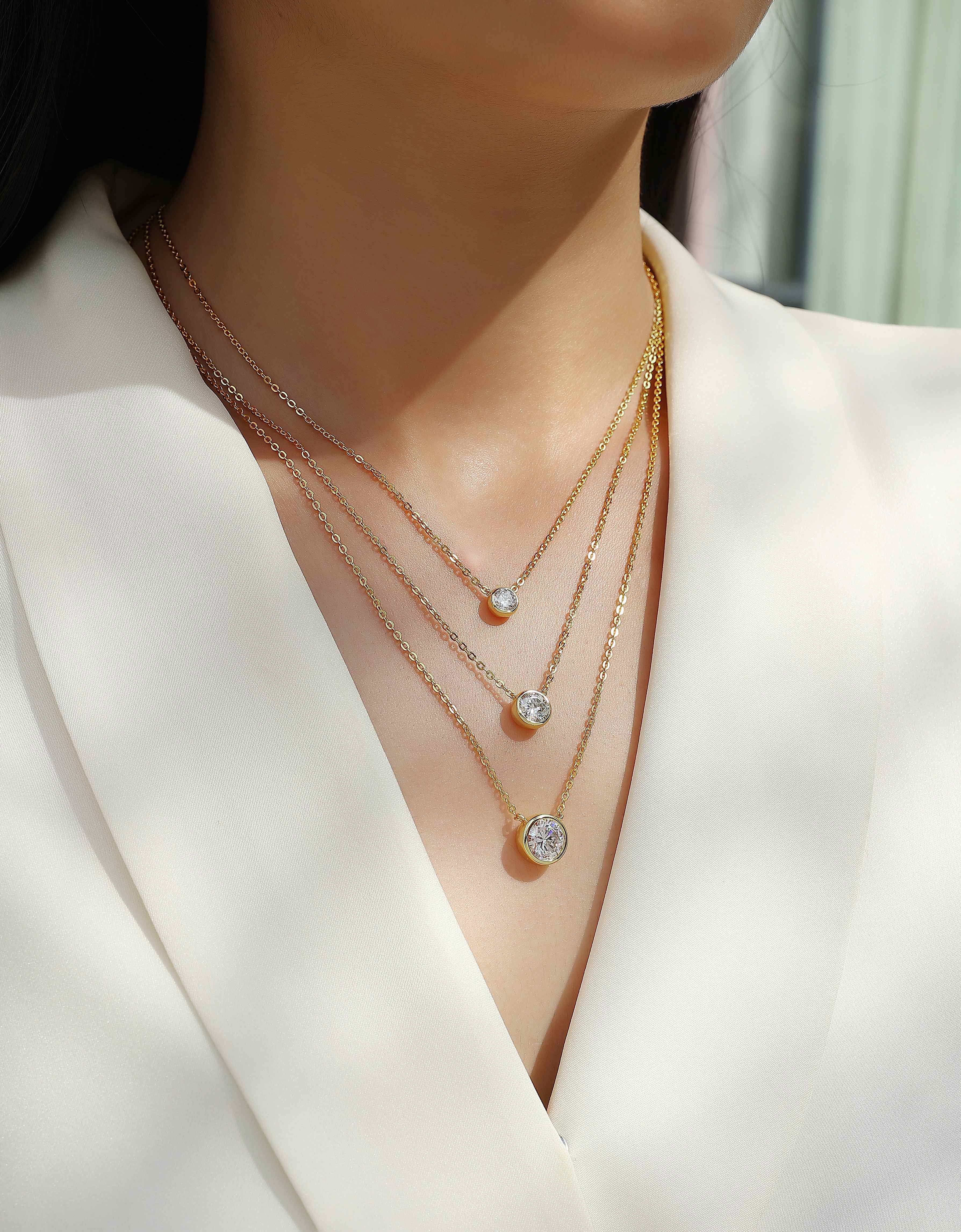 2 Carat Round Cut Moissanite Pendant Necklace | Luxury S925 Sterling Silver Gold Plated Jewelry | Minimalist Dainty Diamond Simulant Necklace for Women