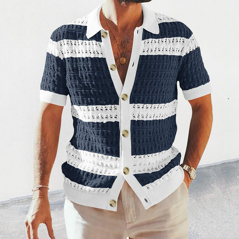Men’s Luxury Knitted Polo Shirt | Short-Sleeve Hollow Breathable Cardigan | High-Sense Summer Knit Polo with Contrast Piping | Trendy Retro-Style Men’s Knit Top | 2026 High-Fashion Lightweight Summer Cardigan