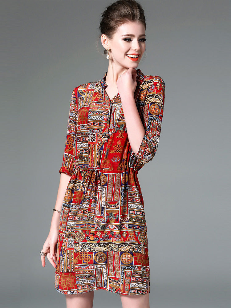Ladies Vintage Print Slim-Fit Shirt Dress | Elegant Long Sleeve Patterned Midi Dress | Retro Stitching Detail Button-Down Dress | Women’s High-Sense Fashion Office & Casual Wear