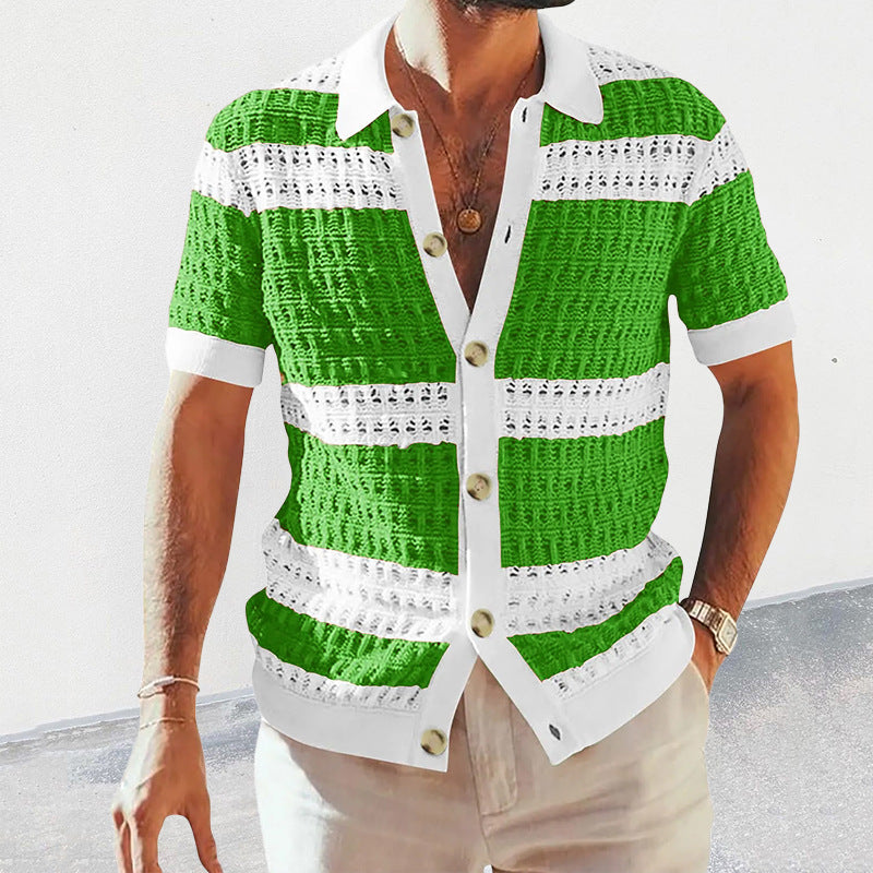 Men’s Luxury Knitted Polo Shirt | Short-Sleeve Hollow Breathable Cardigan | High-Sense Summer Knit Polo with Contrast Piping | Trendy Retro-Style Men’s Knit Top | 2026 High-Fashion Lightweight Summer Cardigan