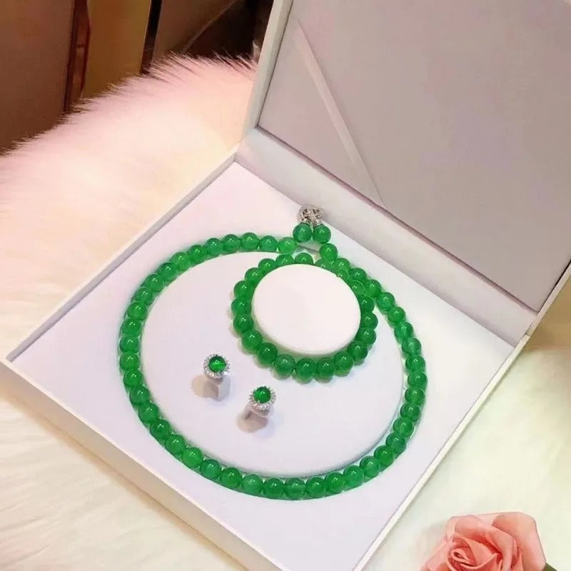 Emperor Green Chalcedony Jewelry Set | Luxury Ball Bead Bracelet, Necklace & Eardrops Suit | Premium High-Sense Gemstone Jewelry for Women | Elegant Heritage Style Accessories Set