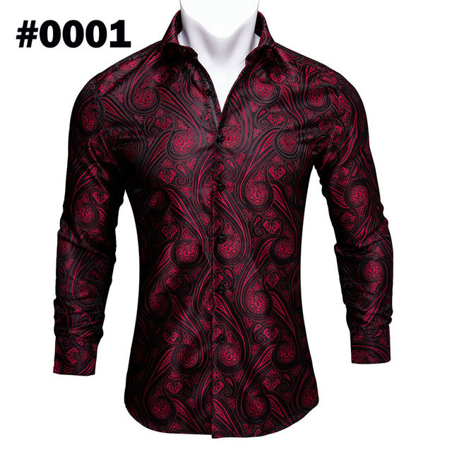 Barry Wang Men's Teal Paisley Floral Silk Shirt | Luxury Long Sleeve Jacquard Designer Dress Shirt | Elegant Floral Autumn Casual Shirt for Men