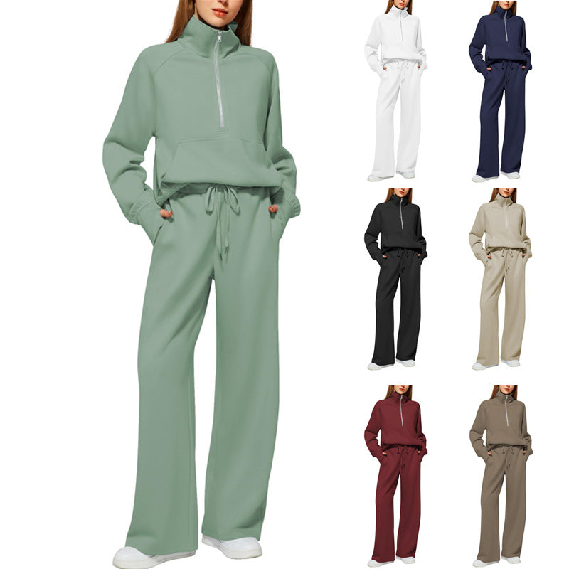 Women’s Half-Zip Sweatshirt & Wide-Leg Pants Set | Casual Solid Color Two-Piece Outfit | Elegant Long Sleeve Sporty Lounge Suit | Trendy High-Waist Wide-Leg Tracksuit | 2026 High-Fashion Athleisure Co-ord Set