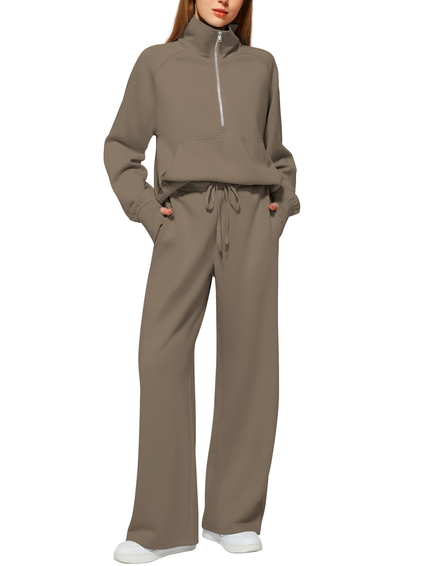 Women’s Half-Zip Sweatshirt & Wide-Leg Pants Set | Casual Solid Color Two-Piece Outfit | Elegant Long Sleeve Sporty Lounge Suit | Trendy High-Waist Wide-Leg Tracksuit | 2026 High-Fashion Athleisure Co-ord Set