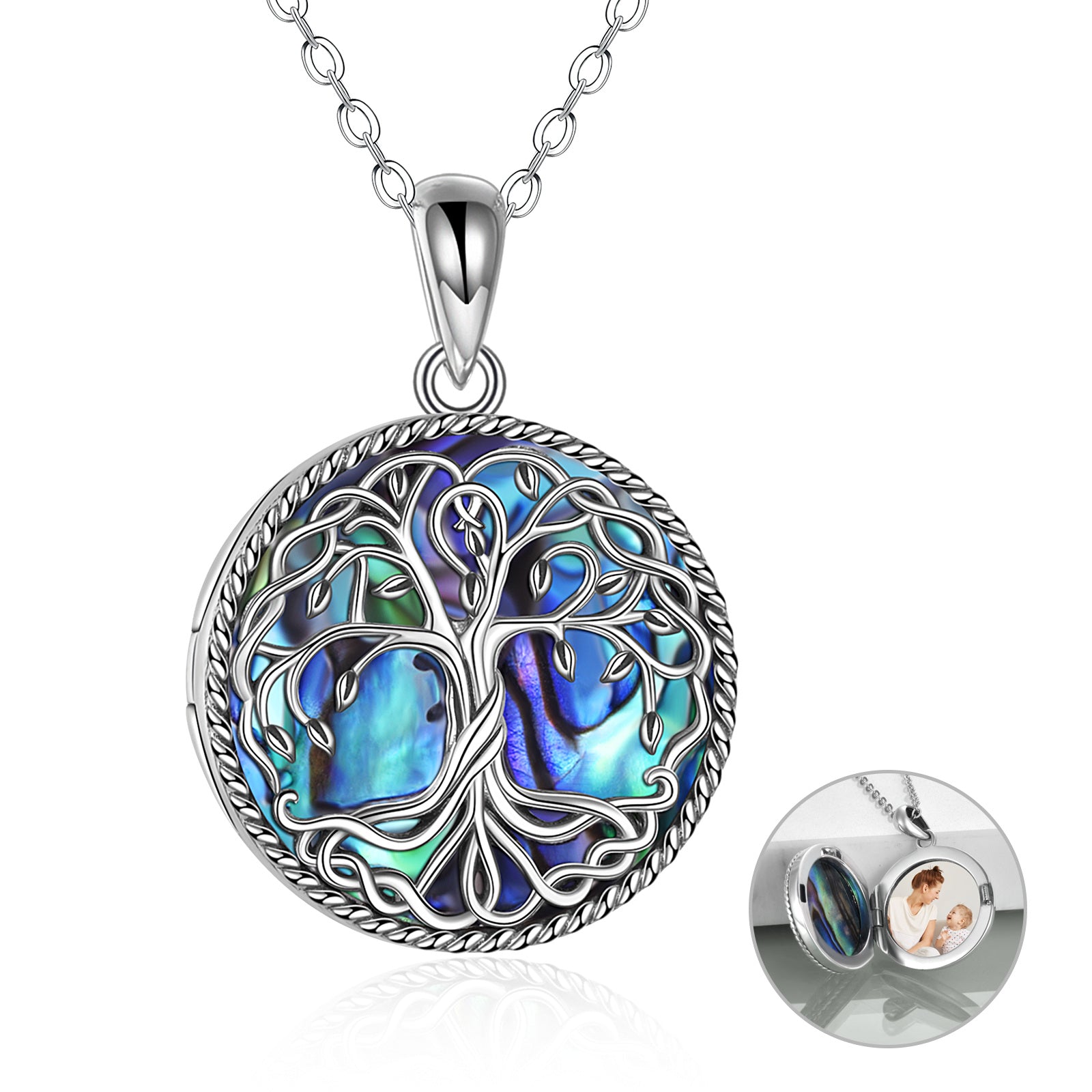 Tree of Life Locket Necklace for Women | Sterling Silver Celtic Family Tree Pendant | Natural Abalone Shell Locket Jewelry | Meaningful Jewelry Gift for Mom & Daughter | 2026 High-Fashion Iridescent Keepsake Necklace