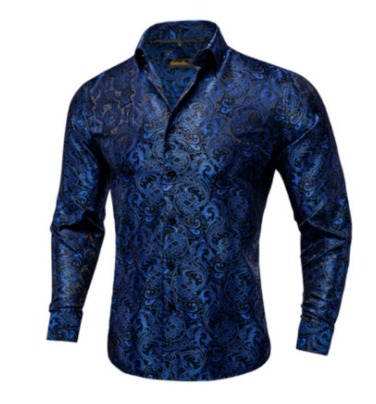 Barry Wang Men's Teal Paisley Floral Silk Shirt | Luxury Long Sleeve Jacquard Designer Dress Shirt | Elegant Floral Autumn Casual Shirt for Men
