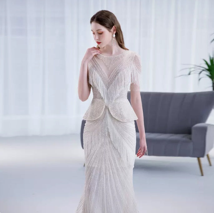 Women’s High-End Luxury Tassel Fishtail Evening Dress | High-Sense Sequin Tassel Party Gown | Trendy Minimalist Mermaid Silhouette Dress | Luxury-Label Statuesque Radiant Formal Wear | 2026 High-Fashion Emerald-Luxe Essential