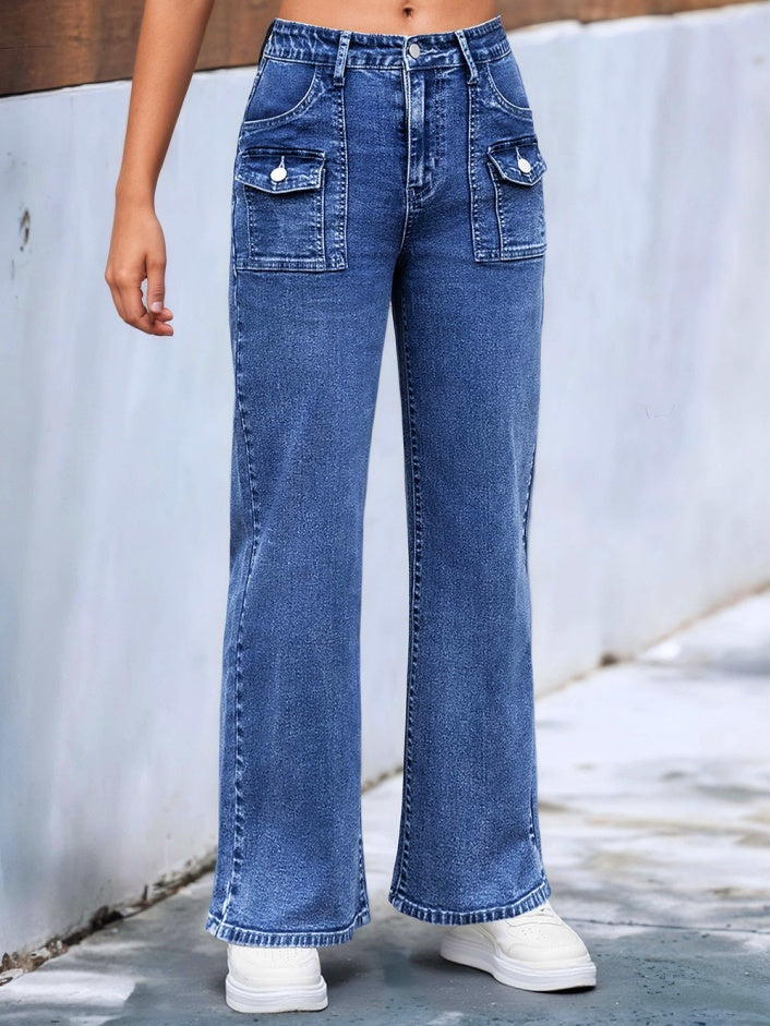 Women’s High-Waisted Wide-Leg Utility Jeans | Trendy Medium Blue Cargo Denim Pants | Streetwear Wide-Leg Trousers with Multi-Pockets | High-Sense Utility Style Denim | 2026 Urban Fashion Cargo Jeans