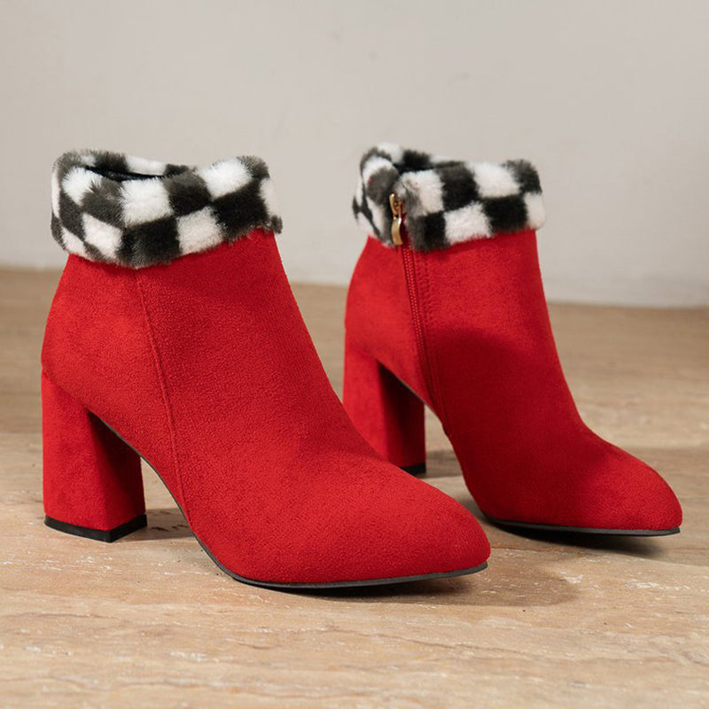 Women’s Plaid Print Plush Ankle Boots | High-Sense Square-Heel Suede Boots | Trendy Minimalist Autumn & Winter Footwear | Luxury-Label Statuesque Casual Boots | 2026 High-Fashion Radiant Winter Essential