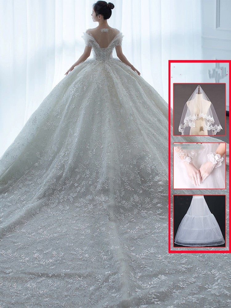 Off-Shoulder French Main Wedding Dress | High-Sense Heavy Industry Embroidery Bridal Gown | Trendy Minimalist Luxury Cathedral Tail Wedding Dress | Luxury-Label Statuesque Princess Gown | 2026 High-Fashion Radiant Bridal Wear