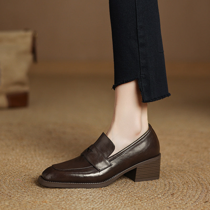 Women’s Retro Square-Toe Chunky Heel Loafers | Elegant Deep-Mouth Block Heel Pumps | Professional Vintage Office Shoes for Women | Comfortable High-Sense Leather Style Slip-Ons