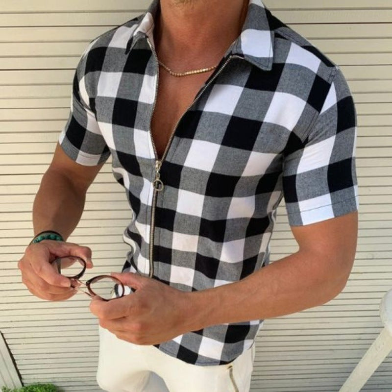 Men’s Plaid Zipper Short-Sleeve T-Shirt | High-Sense Summer Executive Polo | Trendy Minimalist Checkered Casual Shirt | Luxury-Label Urban Men’s Clothing | 2026 High-Fashion Statuesque Streetwear